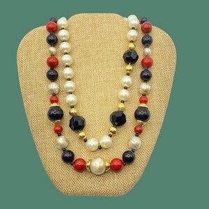 Vintage Pair Chunky Beads Faux Pearls Black & Red Necklaces Granny Core